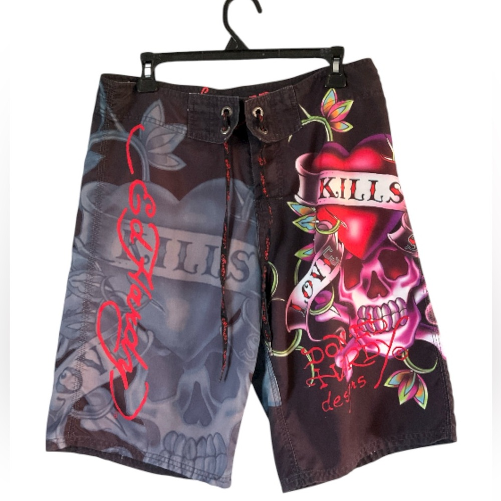 Ed Hardy Skull Graphic Athletic Shorts - Black and Red size 31